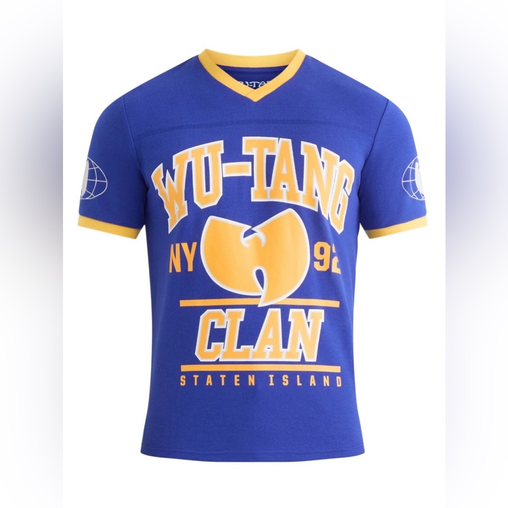 Men’s Wu-Tang Blue and Yellow Football Jersey Style Graphic Shirt - Picture 5 of 5